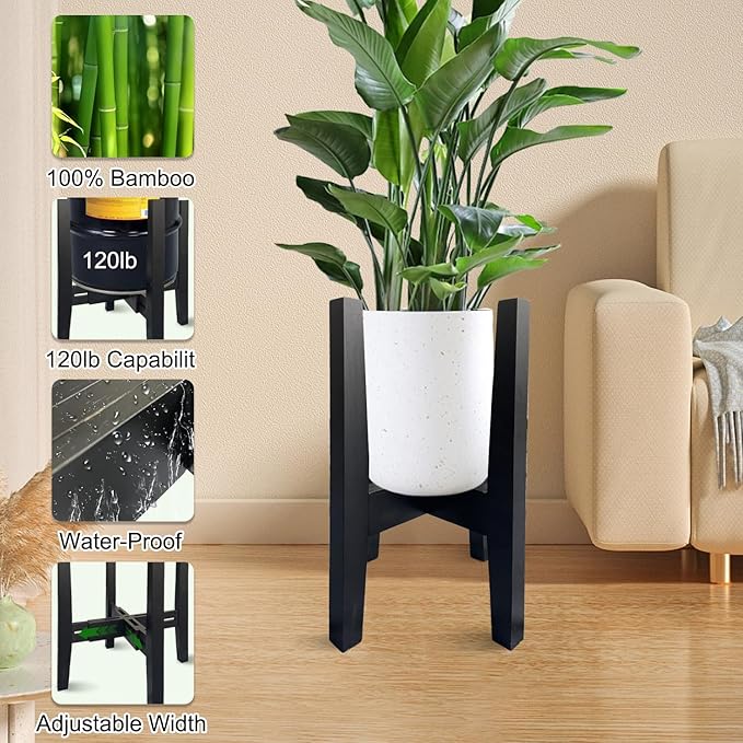 Adjustable Plant Stand Indoor Bamboo Mid Century Modern Plants Stand Corner Plants Flower Holders Single Floor Plant Stands- 8.2-11.8 in (Pot & Plant Not Included) (Black, (8.2-11.8in))
