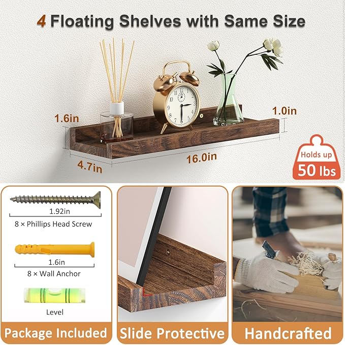 Floating Shelves for Wall, Solid Pine Wood Floating Shelf with Lip for Bedroom, Living Room, Kitchen, 16 Inch Wall Mounted Storage Shelves for Room Decor Organizers Set of 4 (Walnut, 4Pack 16inch)