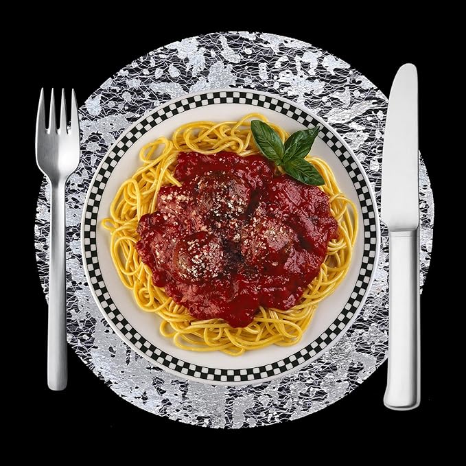 Sliver Placemats Disposable Round Table Mat 13 Inch Silver Foil Mesh Pressed Paper Placemat Sliver Tablecloths Table Runner for Party Wedding Home Dinners Table Decor (Silver, 50 Pcs)