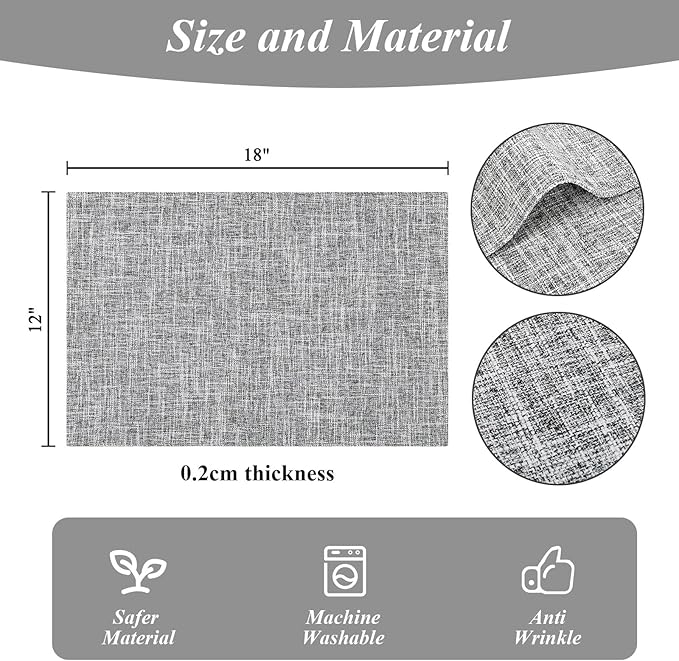 SHACOS Fabric Placemats Set of 4 Washable Heat Resistant Double Layer Thick Table Mats Non Slip Cloth Place Mats Indoor Outdoor, Light Grey White