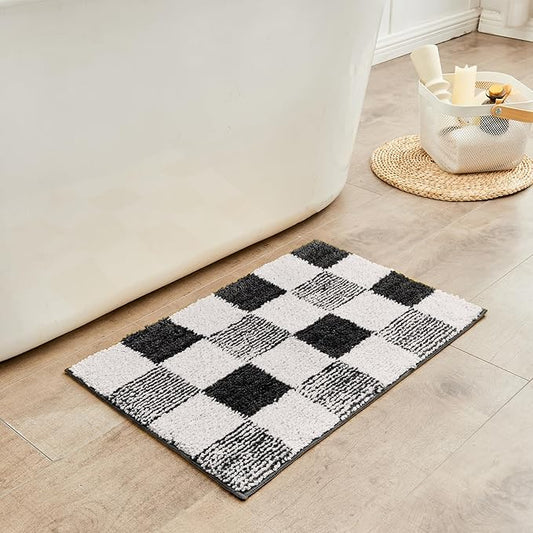 CozeCube Checkered Bath mats for Bathroom Non Slip, Fluffy Absorbent Microfiber Bath mat Washable, Aesthetic Bathroom Rugs, Cute Bath mat for Shower Sink, Jet Black, 24" x 16"