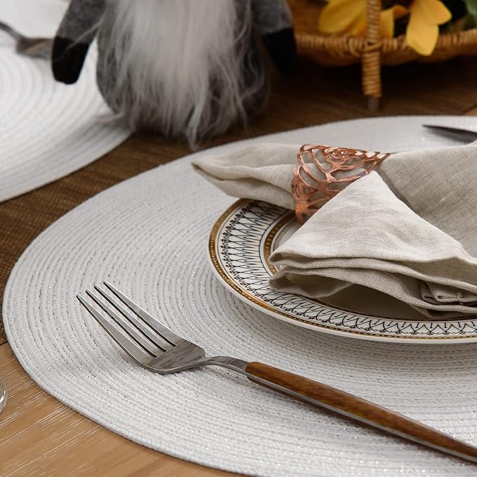FunWheat Round Placemats Set of 6 Table Mats for Dining Tables Washable Non-Slip Place mats 15 Inch for Wedding Party(White Sliver)