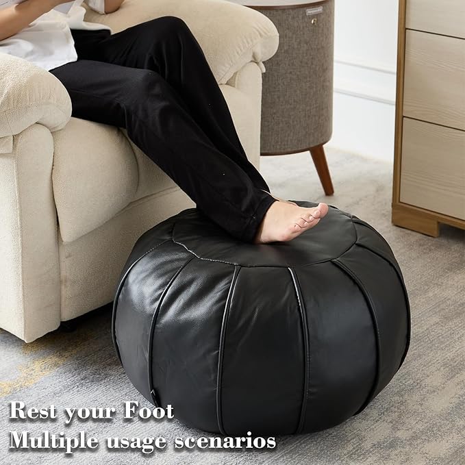 Louis Donné Unstuffed Ottoman Pouf Cover, Supersoft Handmade Faux Moroccan Decor, Small Bean Bag for Storage Solution, Foot Stool for Foot Rest, Footstools for Balcony Office Indoor 21dia Black