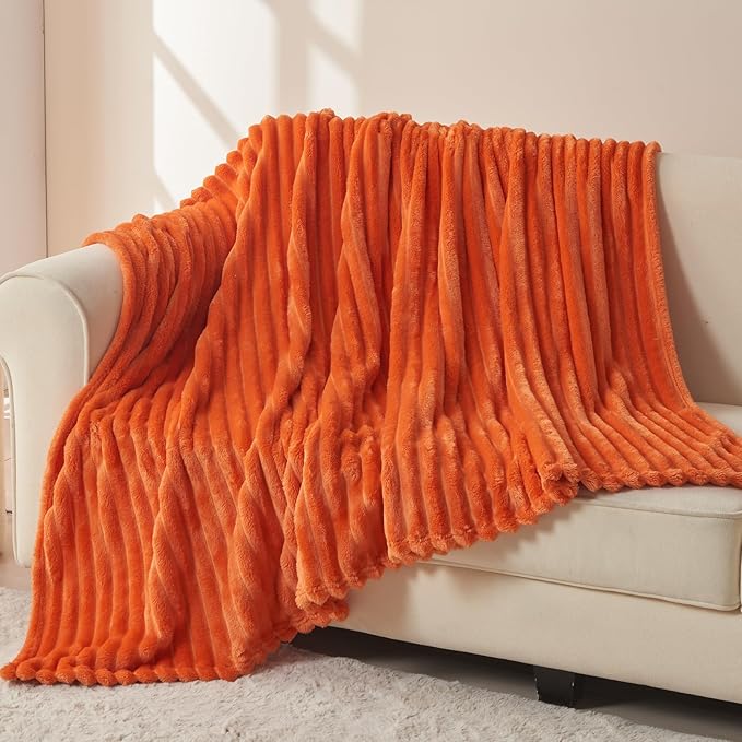 NEWCOSPLAY Super Soft Fall Twin Blanket Orange Premium Silky Flannel Fleece 3D Ribbed Jacquard Lightweight Bed Blanket All Season Use (Orange Ribbed, Twin(60"x80"))