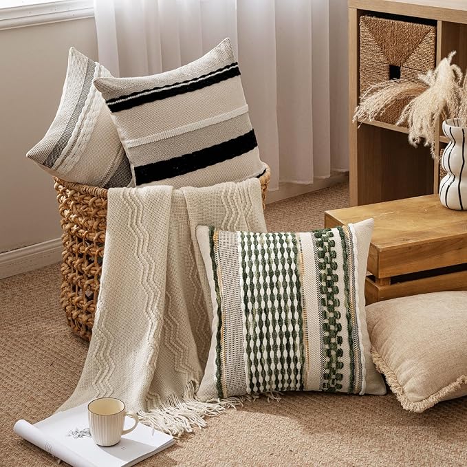 ANRODUO Pack of 2 Boho Decorative Throw Pillow Covers 18x18 Farmhouse Cushion Case Striped Chenille Pillow Cases Square Pillow Covers Accent Neutral Pillowcase for Sofa Couch Bed, Olive Green Stripe