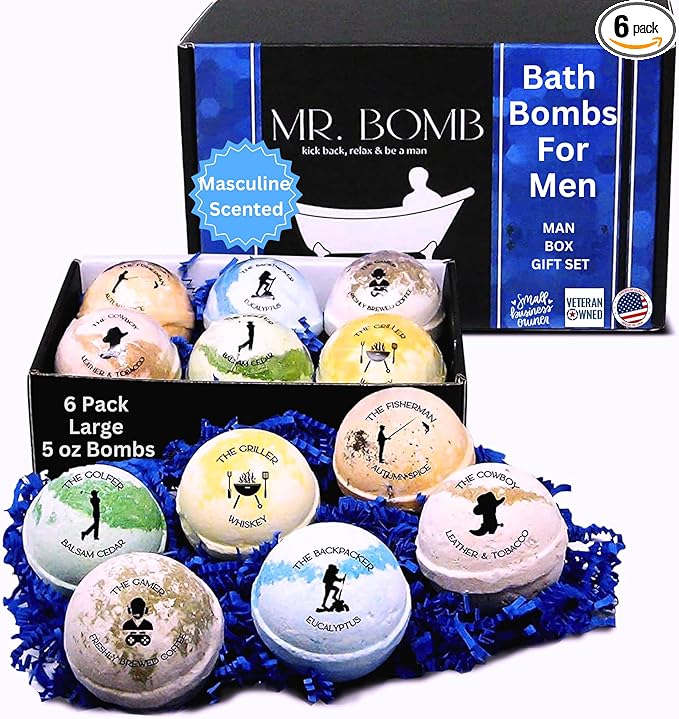 Mr. Bomb Dude Bath Bombs for Men, Infused for Guy Relaxation, Gift for Him, Manly Bath Soak, Masculine Scents for Men, Relaxing Bliss for The Gents - USA Crafted 6 Pk Male Set (Man-Up Large 5 OZ)