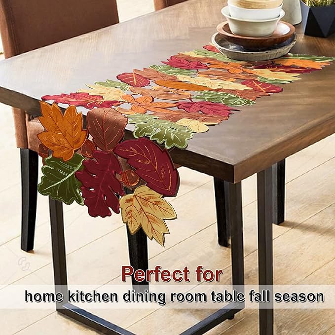OWENIE Fall Table Runner - Thanksgiving, Farmhouse Embroidered Maple Leaves, 13 x 54 Inch, Orange