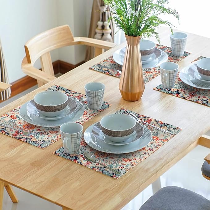 Ethnic Boho Placemats Set of 6 Southwest Orange Blue Teal Carpet Woven Texture Linen Washable Kitchen Dining Table Mats Stain Heat-Resistant Desktop Decor Place Mats for Home Party Indoor 12x18 inch