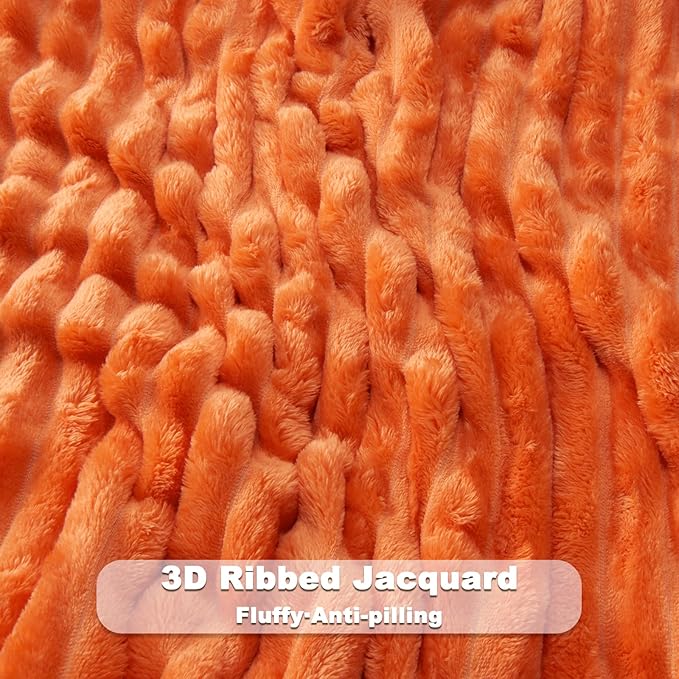 NEWCOSPLAY Super Soft Fall Twin Blanket Orange Premium Silky Flannel Fleece 3D Ribbed Jacquard Lightweight Bed Blanket All Season Use (Orange Ribbed, Twin(60"x80"))