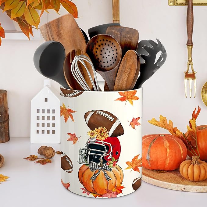 pinata Fall Football Kitchen Decor Ceramic Utensil Holder, Farmhouse Fall Football Pumpkin Utensils Holder, Ceramic Utensils Crock for Rustic Indoor Kitchen Decorations(6.3 Inches)