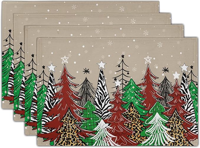 Watercolor Xmas Tree Placemats for Dining Table Set of 4, 12 x 18 Inch Winter Snowflake Heat Resistant Xmas Linen Dining Table Mats for Home Kitchen Tabletop Decoration