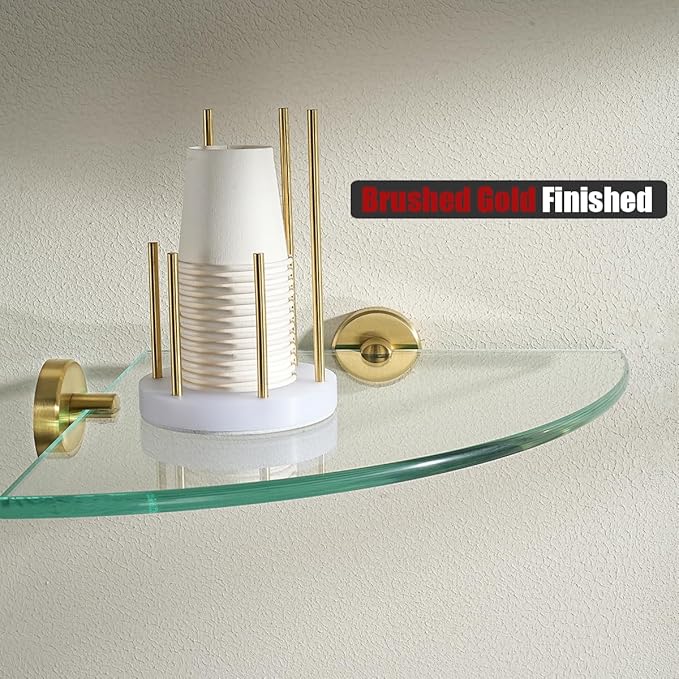 JQK Corner Glass Shelf, Brushed Gold Bathroom 304 Stainless Steel Shower Triangle Floating Wall Shelf, 10 x 10 Tempered Glass, 3 Pack, TGS190L10-BG-P3