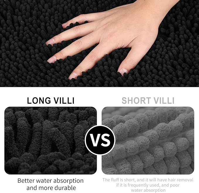 Bathroom Rugs 2 Pieces Chenille Bath Rug Mat, Extra Thick and Soft Absorbent Bath Rugs, Machine Washable, Non-Slip Plush Bath Mats for Tub, Shower, and Bath Room (Black, 32"x20"+24"x16")