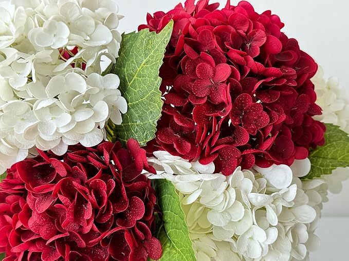 YalzoneMet 4 Pcs Hydrangea Artificial Flower Lifelike 21'' Long Stem Latex Real Touch Hydrangea for Xmas Home Party Kitchen Thanksgiving Table Centerpiec Christmas Wedding Decor 2 White + 2 Burgundy