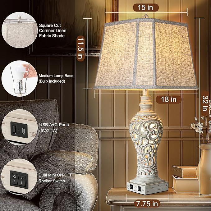 32" Tall Table Lamps Set of 2 - Bedside Lamp with Fabric Shades - for Bedroom and Living Room with USB and Nightlight - Perfect for Nightstands and Bedrooms - Bulbs Included