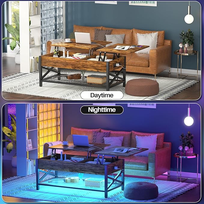 Aheaplus Coffee Table with LED Light and Power Outlet, Modern Lift-Top Center Table with Storage Shelf, for Living Room with Lift Tabletop, X Support Metal Frame, Rustic Brown
