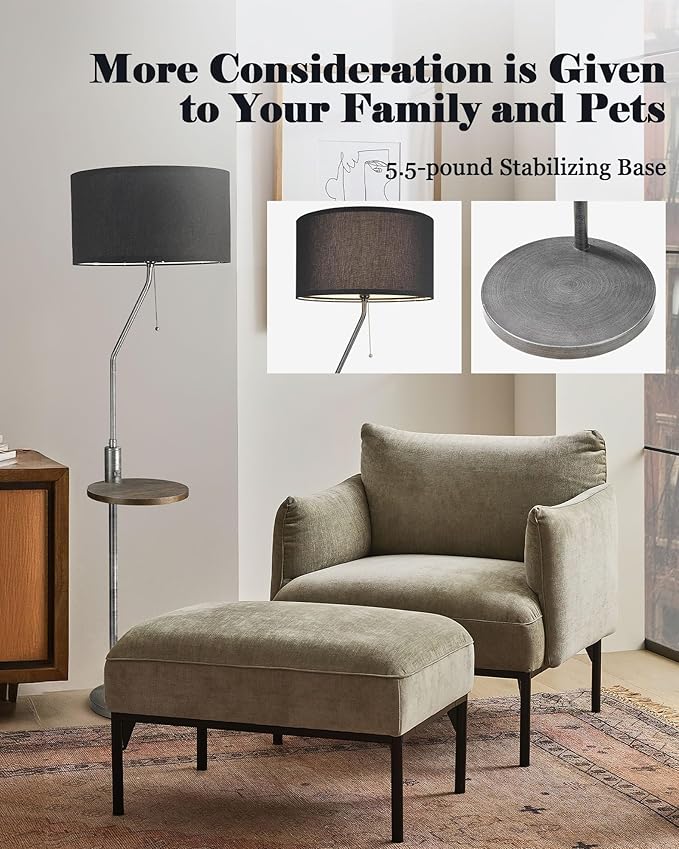 ELYONA C Shaped End Table Floor Lamp with USB A+C Charging Ports Wood Side Table Modern Reading Light Black Linen Shade Farmhouse Tall Standing Lamp for Living Room Bedroom Office LED Bulb Included