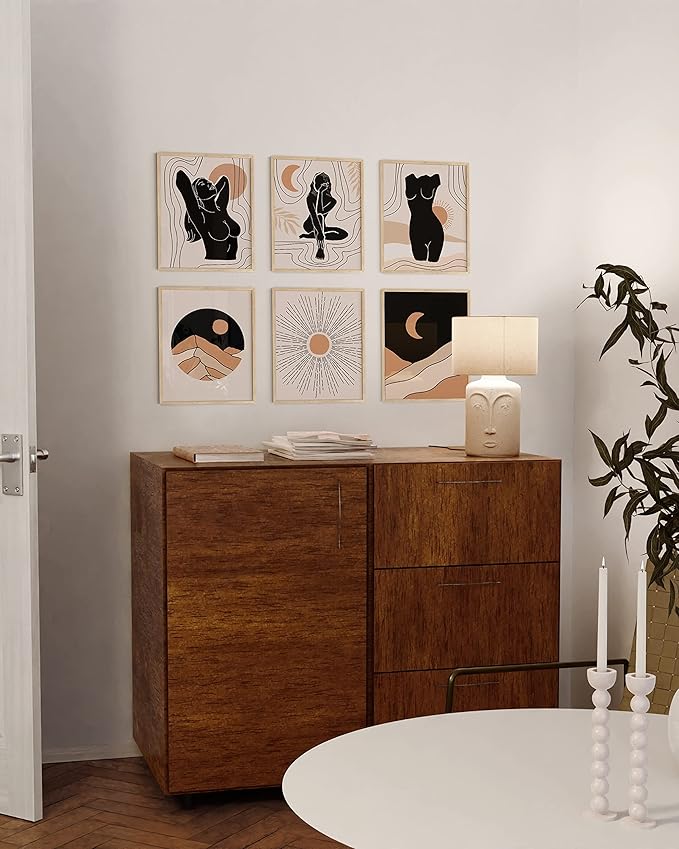 HAUS AND HUES Boho Neutral Wall Art - Set of 6 Boho Mid Century Modern Wall Art | Aesthetic Prints for Wall, Bohemian Wall Decor (11x14 Beige Framed)