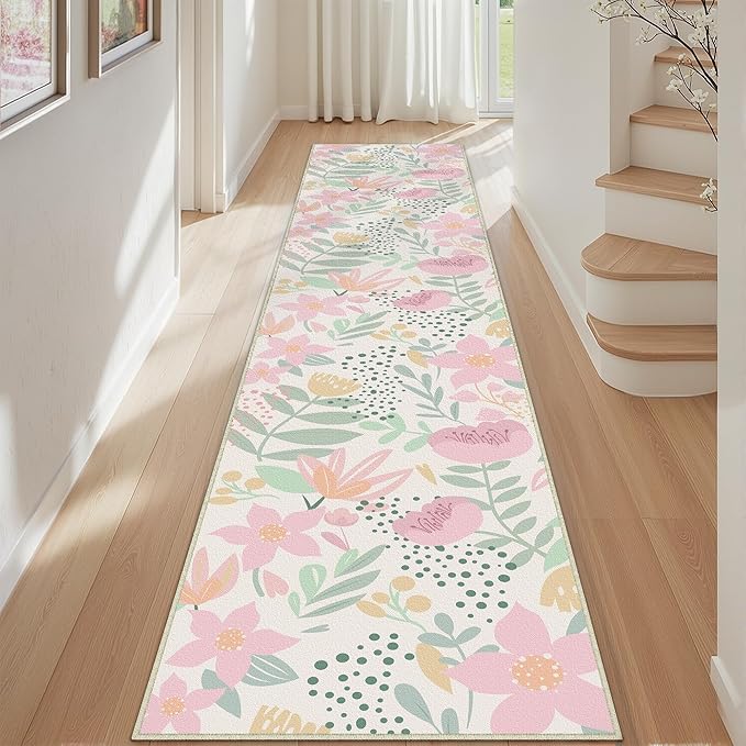 Floral Runner Rug 3x10 Washable Hallway Pink Bedroom Non Slip Cute Long Kitchen Carpet Botanical Indoor Soft Accent Rug for Bathroom Dining Laundry Living Room