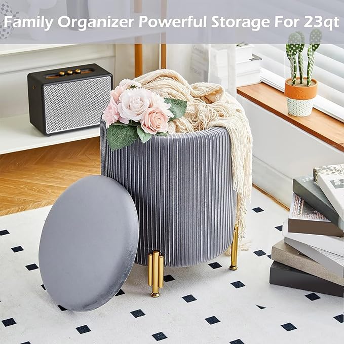 Mxfurhawa Round Ottoman Foot Stool with Storage and Metal Legs for Living Room Bedroom, Velvet Upholstered Footrest Stool Support 300lbs Modern Padded Seat Ottoman Coffee Table (Grey)