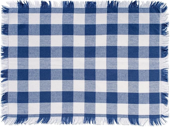 DII Heavyweight Fringed Check Tabletop Collection, Placemat Set, 13x19, Navy, 6 Piece