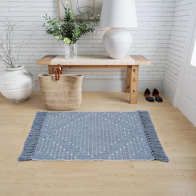 LIVEBOX Boho Bathroom Rug 2' x 3' Washable Blue Rugs Small Moroccan Throw Rug for Bath,Cotton Woven Area Rug Carpet with Tassel for Entryway Kitchen Sink Front Door