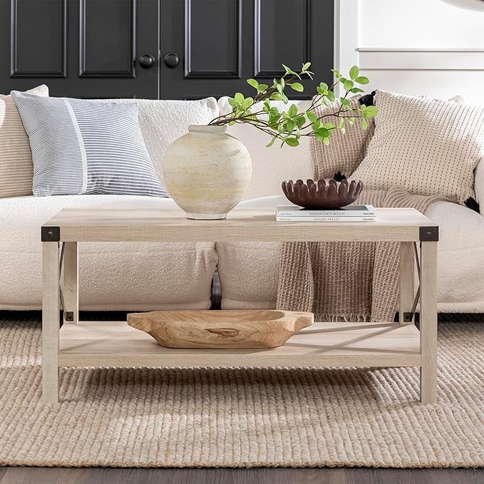 Walker Edison Sedalia Modern Farmhouse Metal X Coffee Table, 40 Inch, White Oak