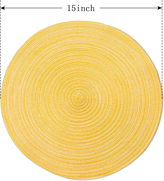 FunWheat Round Braided Placemats Set of 6 Place mats for Dining Tables Woven Heat Resistant Table Mats 15 inch (Yellow)