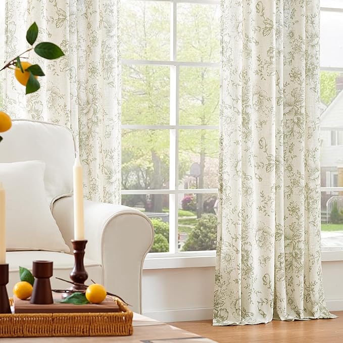 jinchan Linen Blend Curtain Floral Curtains for Living Room 90 Inch Length Sage Green Printed Curtain Rod Pocket Back Tab Farmhouse Peony Flower Patterned Drapes Bedroom Window Curtains Set 2 Panels