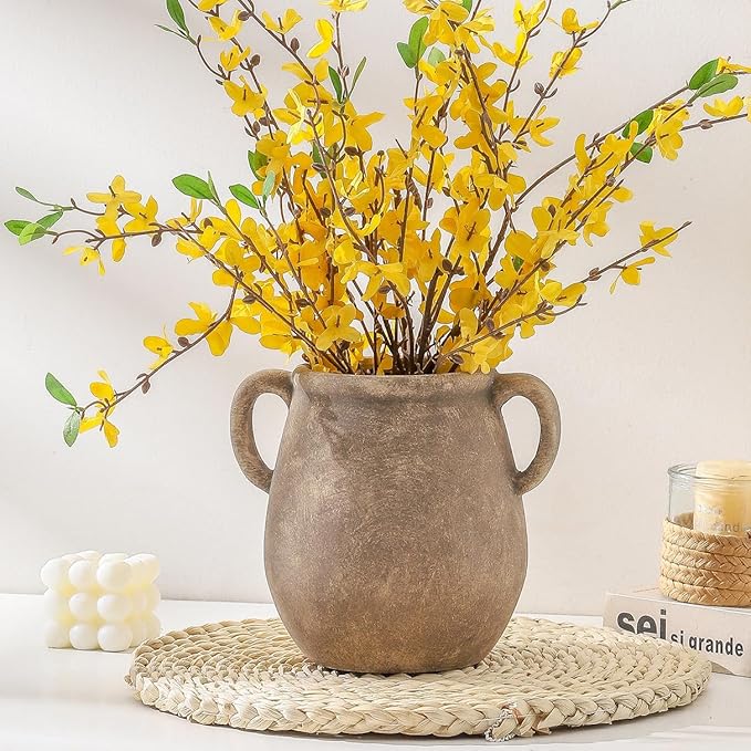 Ceramic Flower Vase Home Decor - 7.1 Inch Retro Table Flowers Vases Living Room Bedroom Plant Decorations Modern Farmhouse Vintage for Kitchen Shelf Office Coffee Dining Desk House Women
