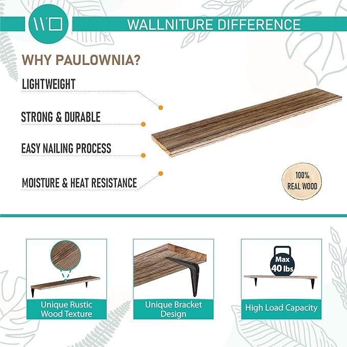 Wallniture Arras Wood Floating Shelves for Wall Storage, 24" Living Room Bookshelves, Kitchen Shelves for Bedroom & Office Burnt Finish Set of 5