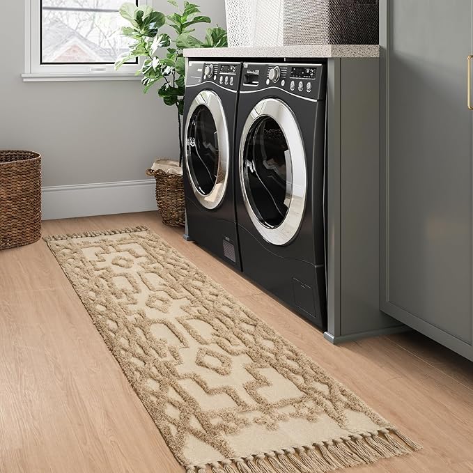 Uphome Boho Hallway Runner Rug 2' x 6', Khaki Cotton Washable Bathroom Rug Runner with Tassels, Hand Woven Tribal Kitchen Runners, Morrocan Accent Throw Carpet for Laundry Porch Bedroom Living Room