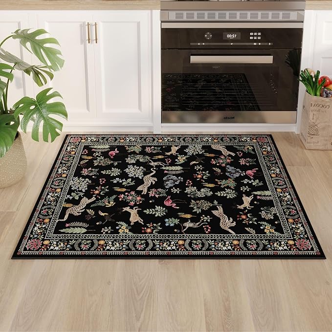 Door Mat Indoor Entrance 2x3 Rug Machine Washable Boho Floral Animal Small Area Rug Non-Slip Low Pile Throw Rugs for Entryway, Kitchen, Front Door Indoor Entrance, Entry, Kids Room (Black)