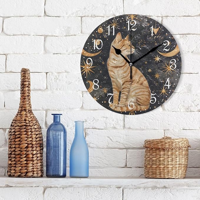 ALAZA Wall Clock Moon Star Cat Silent Non-Ticking Decorative Wall Clocks Battery Operated 10 Inch for Home Living Room Kitchen Bathroom Bedroom