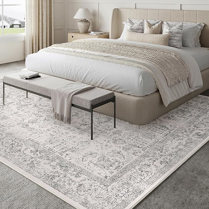 Gray Area Rug 9x12 Machine Washable Large Vintage Living Room Distressed Non Slip Carpet Traditional Indoor Bedroom Grey Retro Floral Accent Throw Rug for Office Kitchen Dining Room