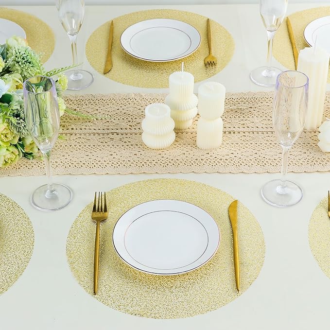 100 Piece Gold Placemats 13 Inch Disposable Gold Foil Place Mats Round Mesh Pressed Paper Placemat Elegant Wedding Table Mats for Birthday Party, Church Banquet, Dinners, Dining Room, Table Decor