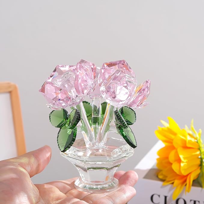 Pink Rose Flower Crystal Figurine with Vase, Handmade Bouquet Flowers Gifts for Wife Girlfriend Women Ornament , Crystal Flower Collectible Home Table Decor for Valentine's Day Wedding Anniversary