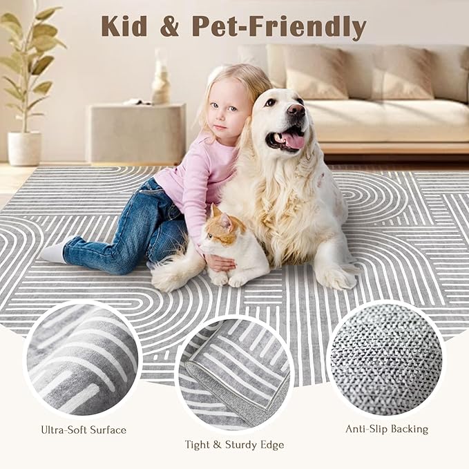Washable Area Rug 5x7 - Boho Living Room Rug Stain Resistant Soft Bedroom Rug Ultra-Thin Grey Modern Abstract Rainbow Dining Room Rugs Indoor Carpet for Living Room Nursery Room