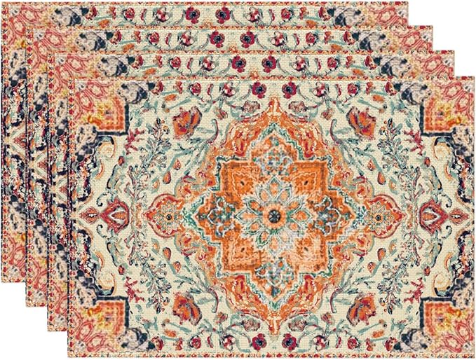 Artoid Mode Boho Placemats Set of 4, Daily Orange Teal Flowes Bohemia Table Mats for Home Party Dining Decoration 12x18 Inch