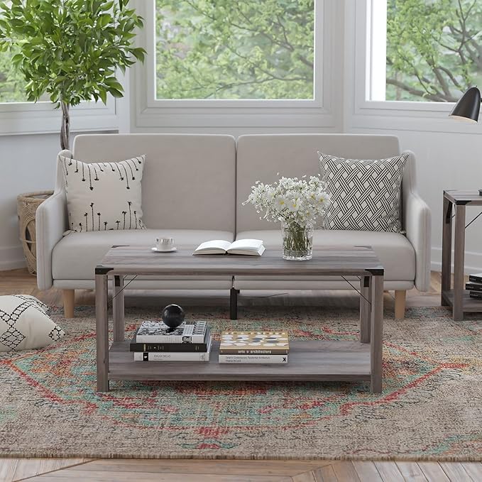 Flash Furniture Wyatt Modern Farmhouse 2 Tier Coffee Table - Gray Wash Engineered Wood Frame - Black Metal Crisscross Side Braces and Corner Accents