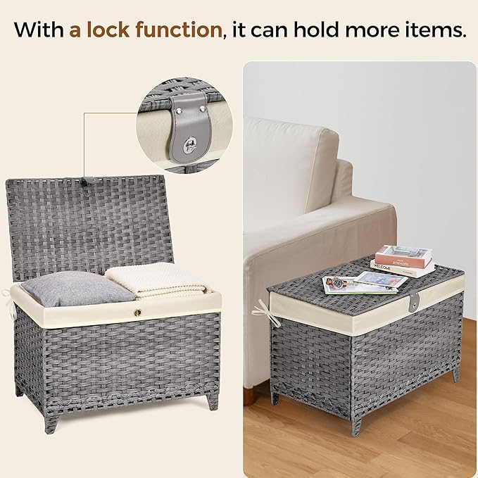 Wicker Storage Basket with Lid,Rattan Shelf Basket with Removable Liner Bag,105L Storage Bin,Storage Trunk with Heightened Feet,Storage Container for Wardrobe,Home Organizer