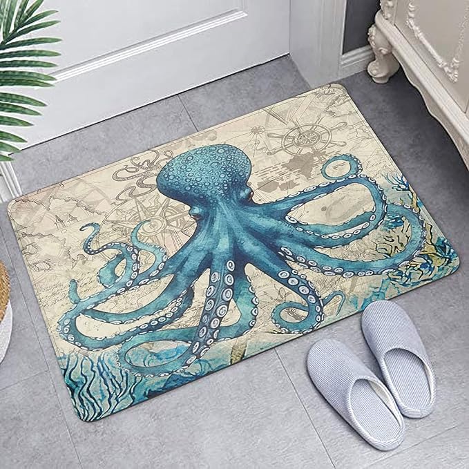 Britimes Blue Bath Mat for Bathroom, Sea Theme Octopus Washable Cover Floor Rug Carpets Floor Mat Bathroom Decorations 20x32 Inches for Kitchen Bedroom Indoor