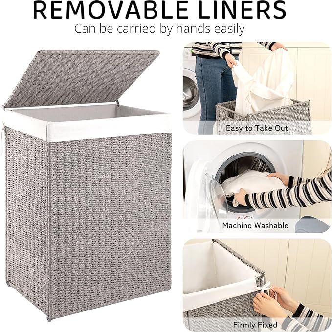 OIAHOMY Laundry Hamper with Lid, 23.8 Gal (90L) Wicker Hamper with Removable Liner Bags, Handwoven Clothes Basket with Handles, Foldable Woven Paper Rope Basket for Laundry Room, Bedroom-Grey