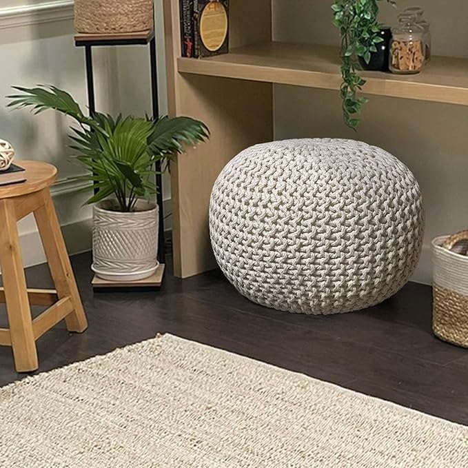 Chardin home- Crochet Ivory Pouf - Cozy & Bohemian, Recycled Cotton, Hand Crafted Casual Seating/Ottoman for Home, Office, Bedroom, 18"x18"x14".