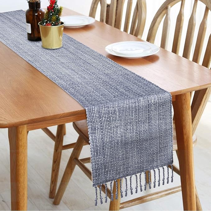 Urban Villa Two Tone Table Decor - 14x72 Blue/White w/Fringes - Cotton Table Runner for Dining, Kitchen, Everyday Use