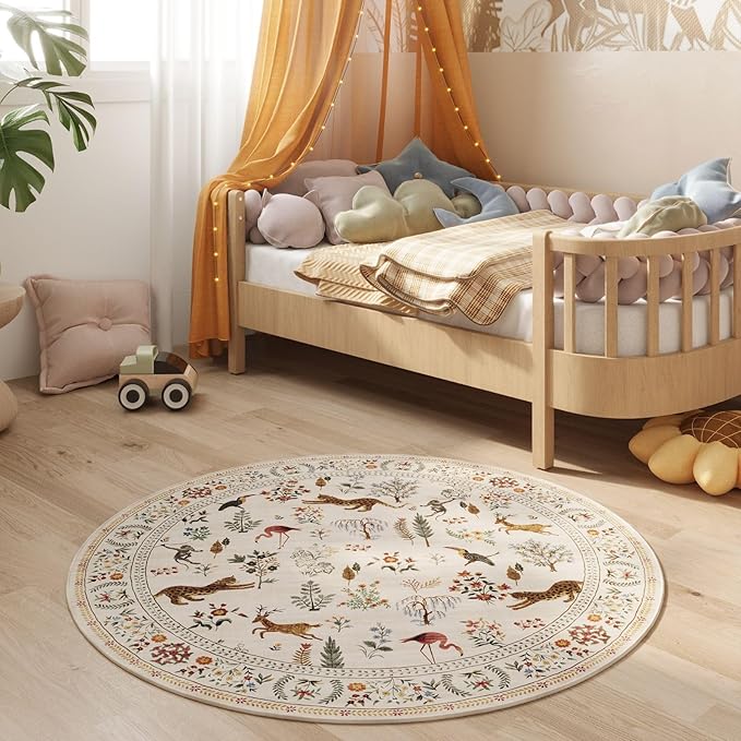 Round Rug 4ft Washable Circle Rug Non Slip Low Pile Boho Floral Animal Small Circular Rug for Bedroom, Bathroom, Entryway, Kids Room, Office, College Dorm (Beige)