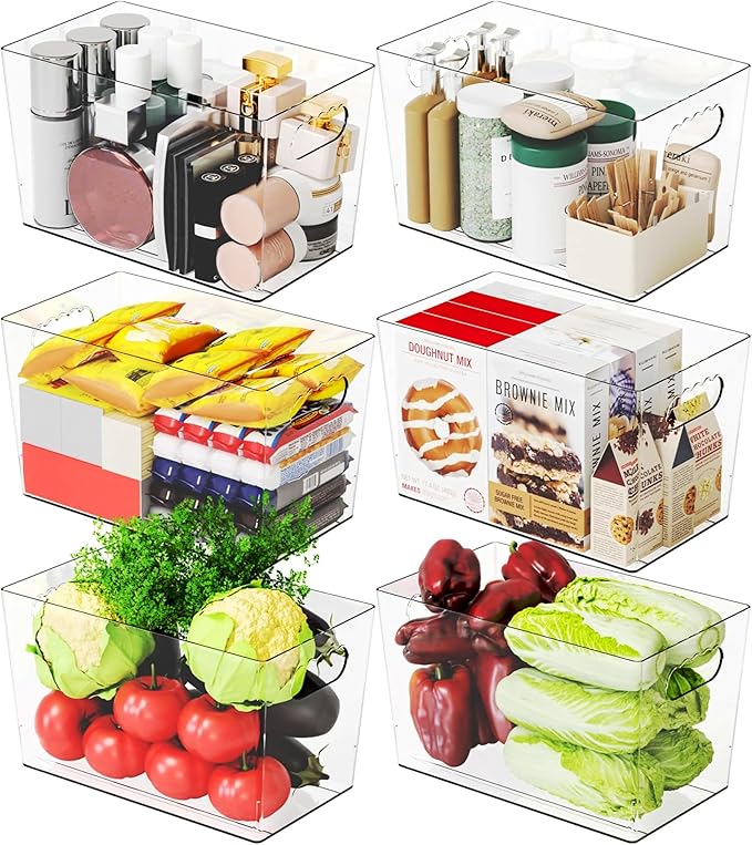 6 Pack Clear Plastic Storage Bins for Freezer,Pantry Storage Containers,11″ Large Snack,Food Storage Bins with Handle for Shelves,Refrigerator,Kitchen,Cabinet,Acrylic Bins for Cleaning Supply Storage