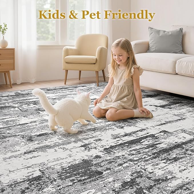 Area Rugs for Living Room: 6x9 Abstract Washable Rug Modern Neutral Large Soft Stain Resistant Non-Slip Backing Machine Table for Bedroom Dining Room Indoor Home Office Carpet - Black Grey
