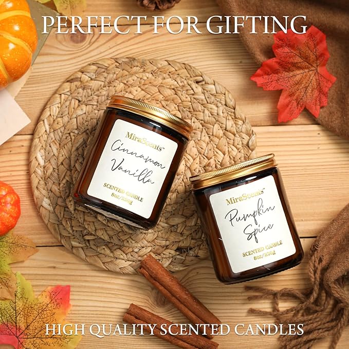 Fall Scented Candle Set, 2 Pack Fall Pumpkin Candles, Autumn Soy Candle Set, Fall Candle Gifts, Autumn Candle for Home Scented, Fall Scents of Cinnamon Vanilla,Pumpkin Spice, AH-Fall-7.5oz