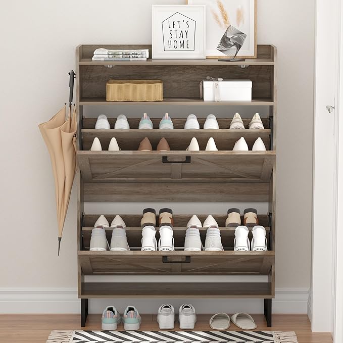 Shoe Cabinet with 2 Flip Drawers, Freestanding Hidden Shoe Storage Organizer for Entryway, Narrow Slim Shoe Rack Cabinet with Open Storage & Hooks for Front Door Entrance, Living Room, Hallway, Grey